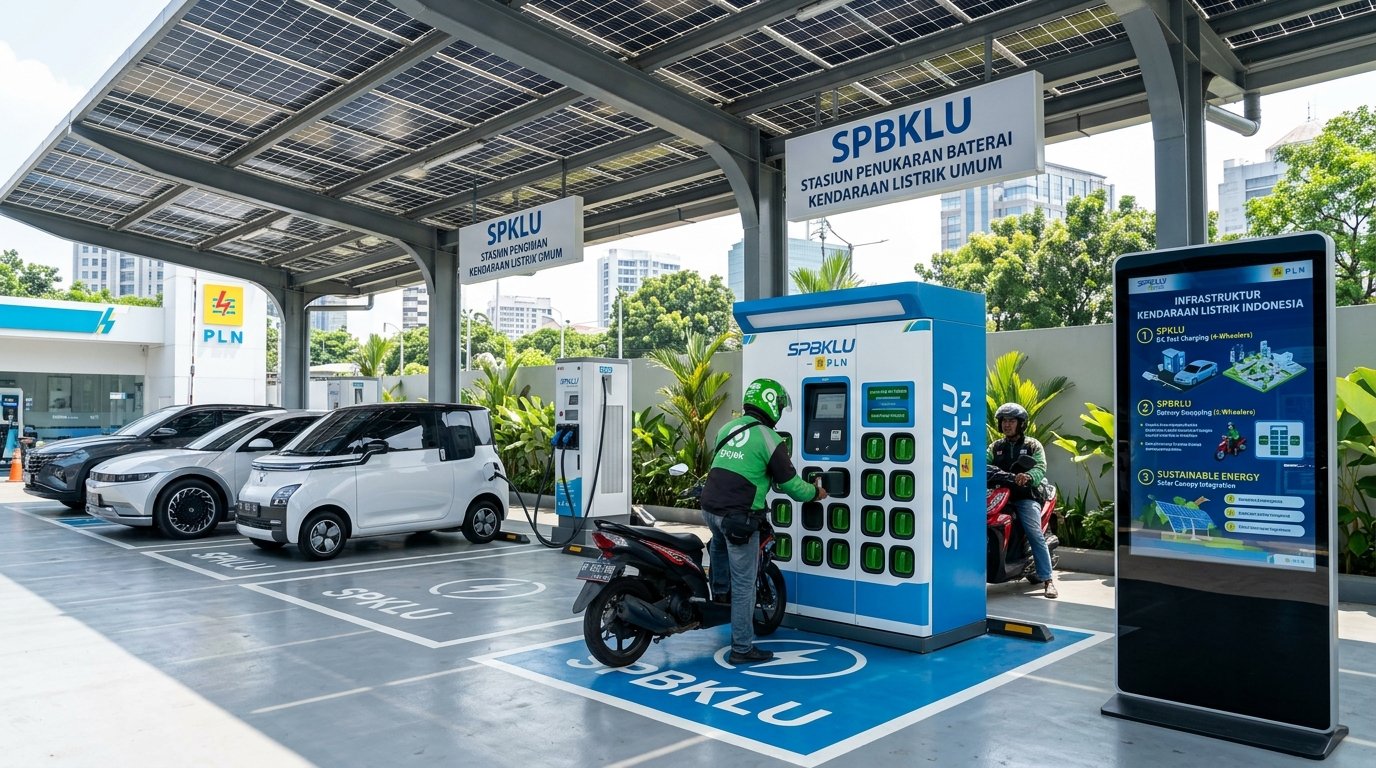 Fasilitas terpadu SPKLU untuk mobil listrik dan kabinet swap baterai SPBKLU motor listrik di Indonesia