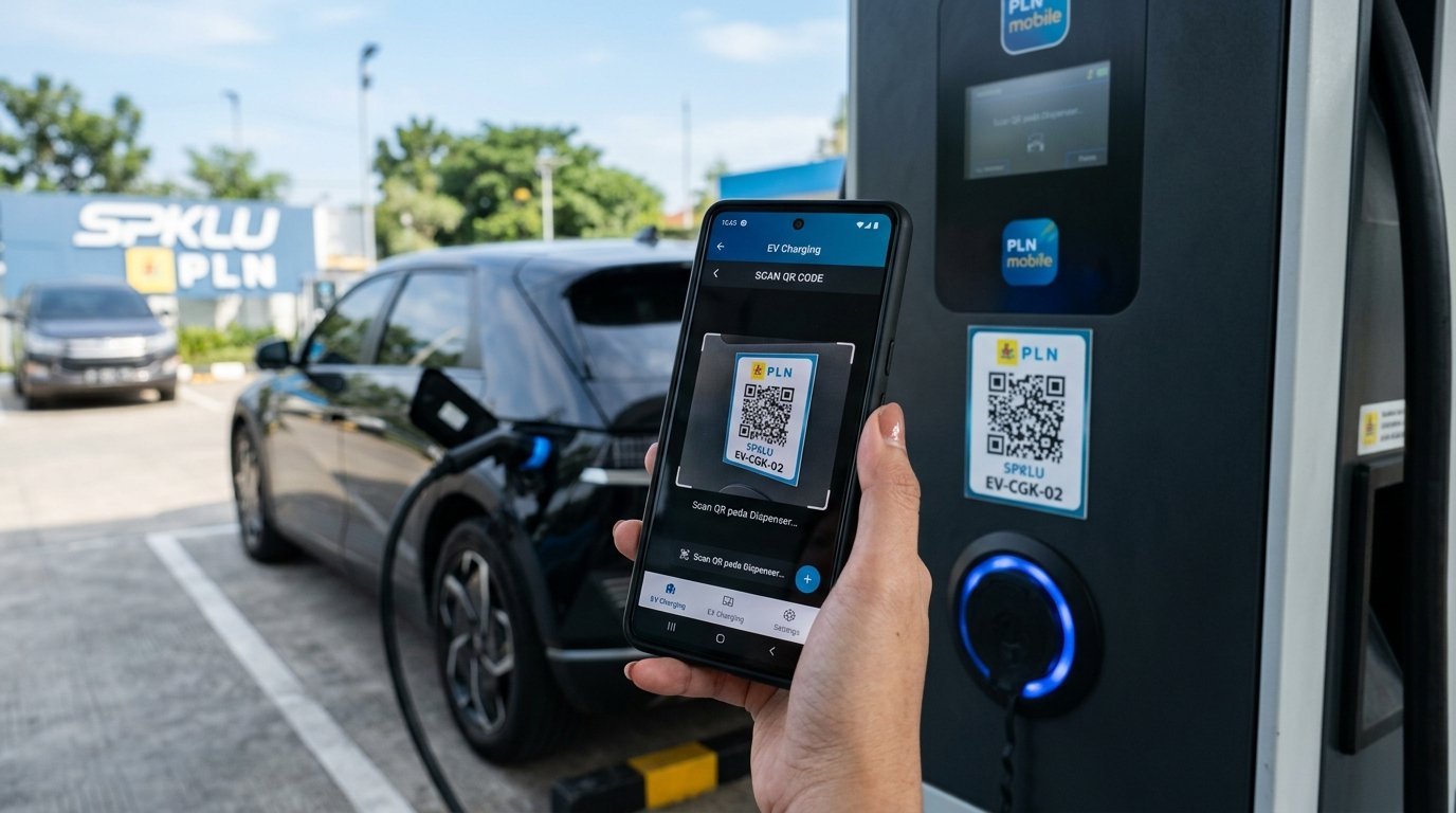 Layar ponsel cerdas membuka menu EV PLN Mobile sedang memindai QR code dispenser SPKLU