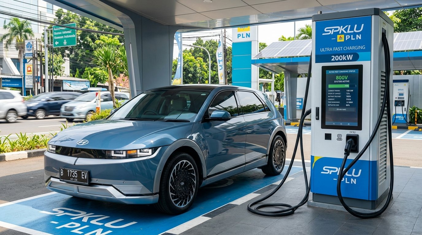 Mobil listrik Hyundai Ioniq 5 sedang mengisi daya pada dispenser SPKLU Ultra Fast Charging 200 kW