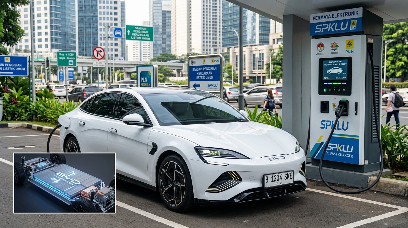 Mobil listrik sedan BYD Seal putih sedang mengisi daya cepat di stasiun SPKLU DC Fast Charging