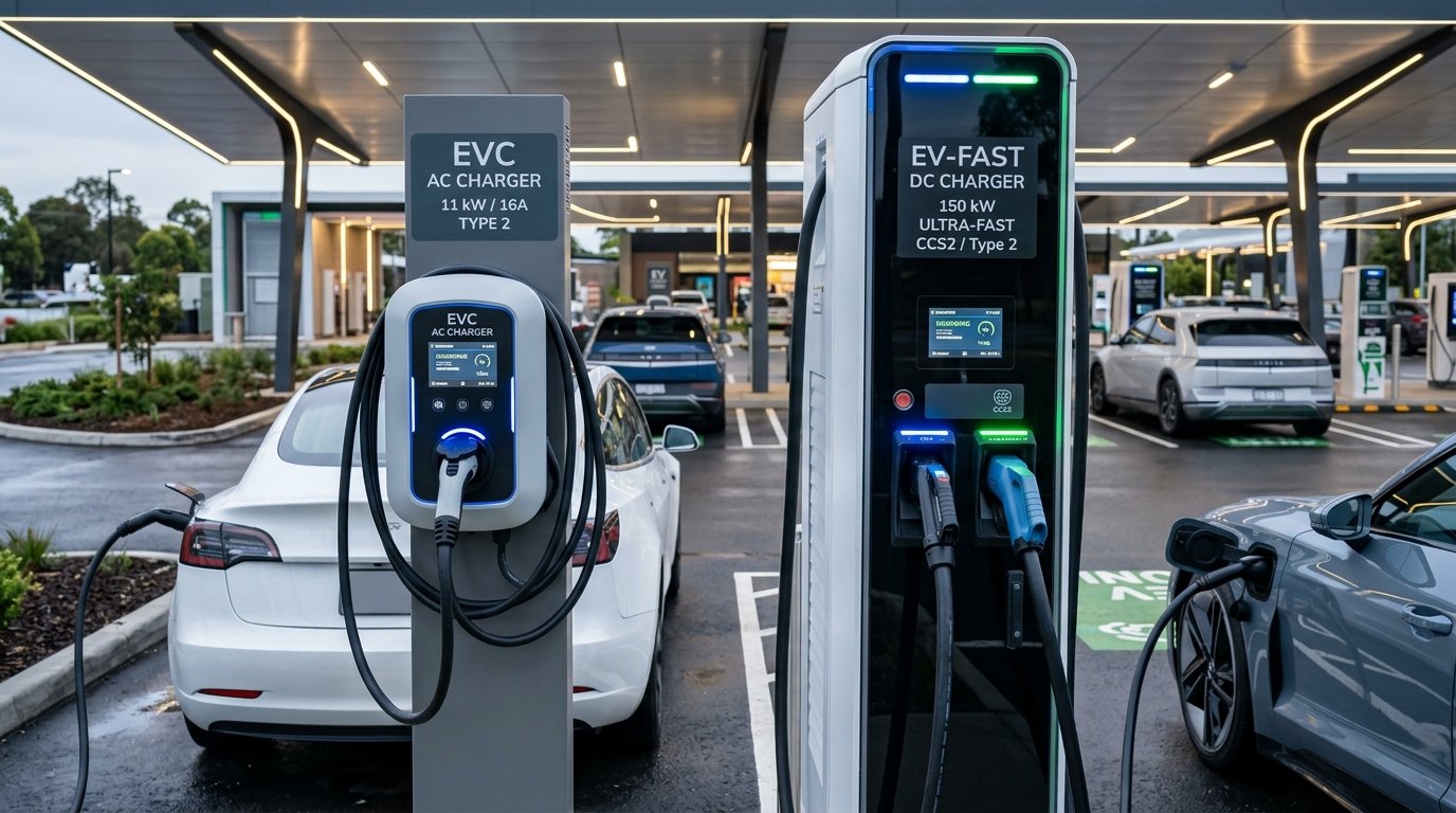 Mesin charger AC wallbox 11 kW berdampingan dengan dispenser DC Ultra Fast Charging 150 kW