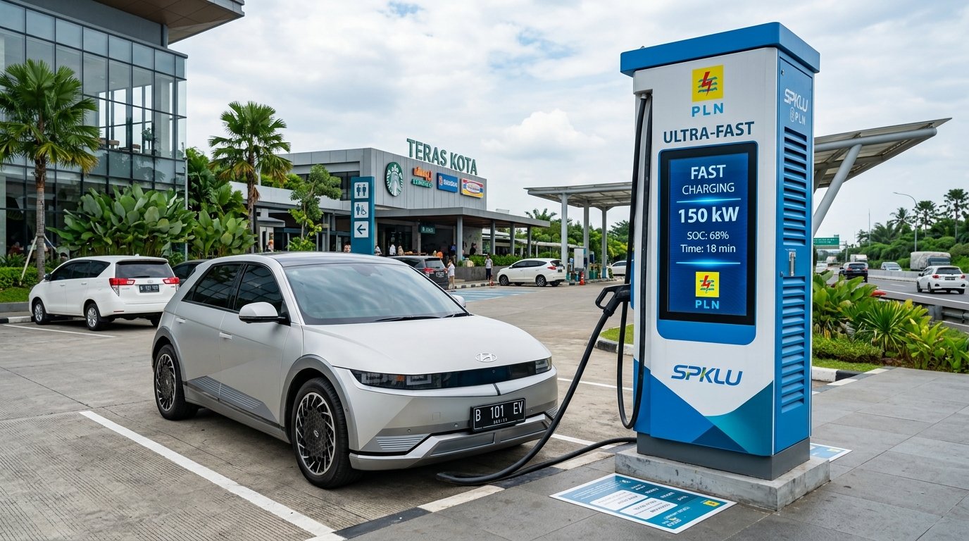 Mobil listrik Hyundai Ioniq mengisi daya di stasiun SPKLU fast charging terdekat dengan kapasitas 150 kW